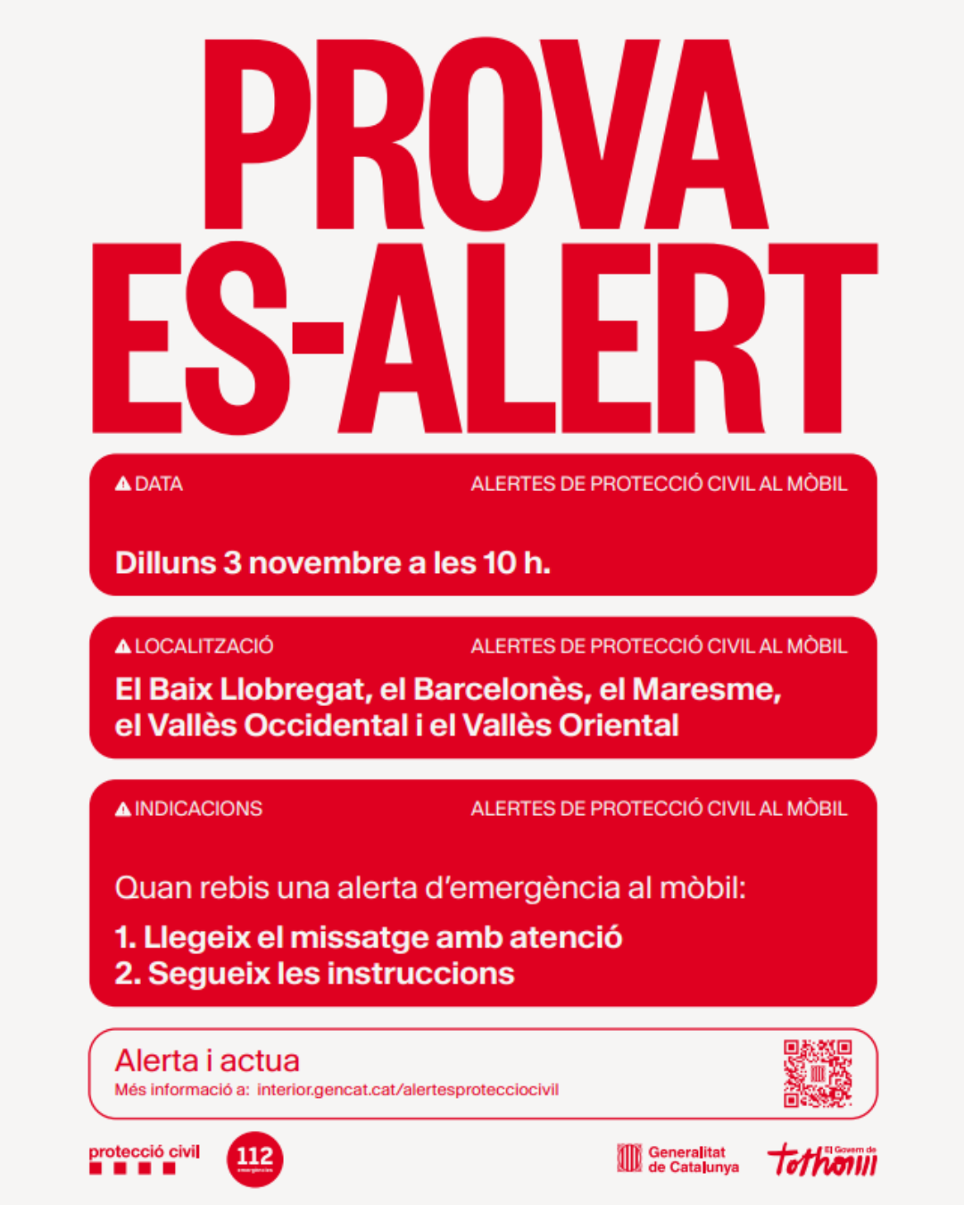 Protecció Civil farà dilluns 3 de novembre un simulacre del sistema d'alertes als mòbils