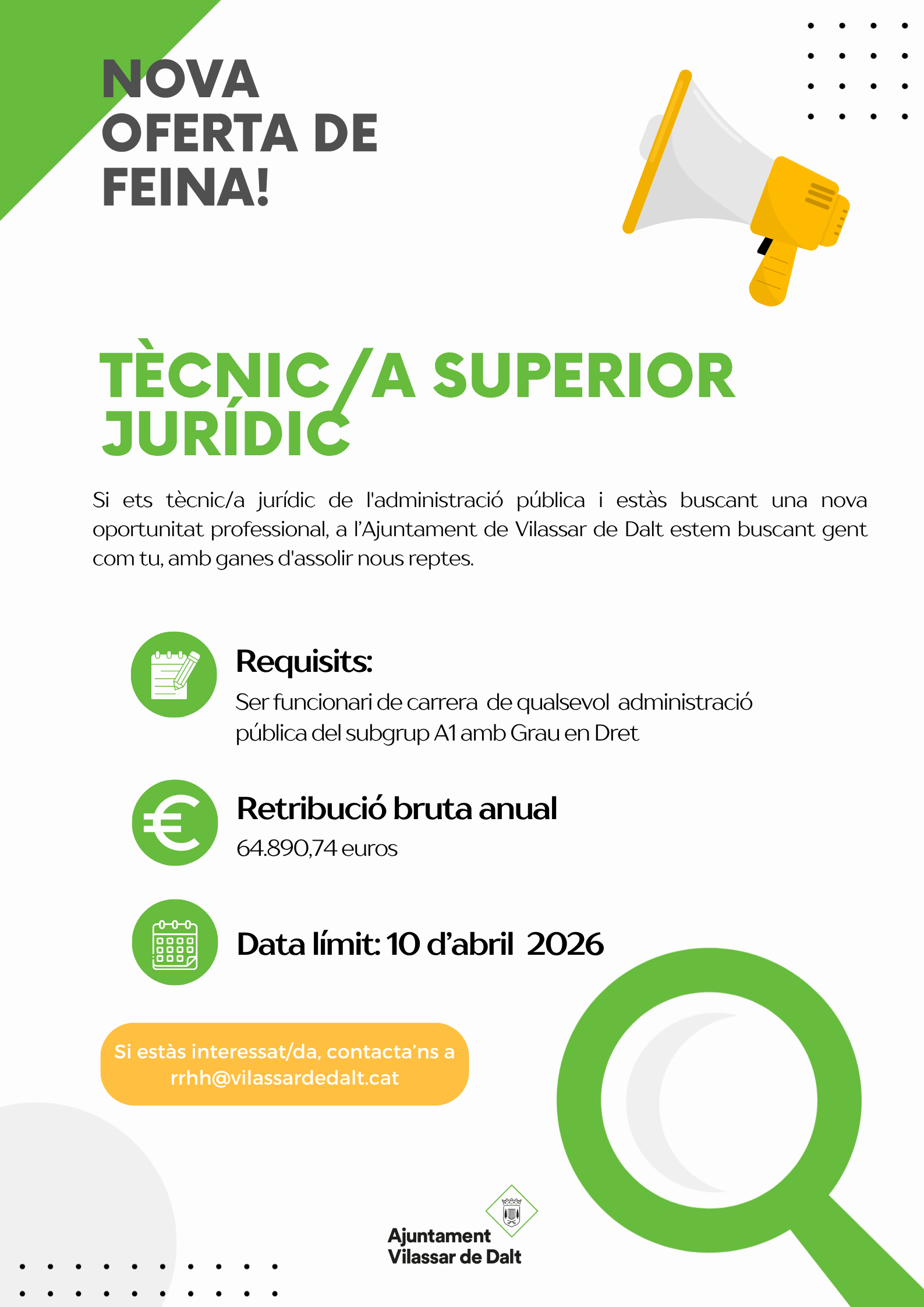 Nova oferta per cobrir el lloc de t&egrave;cnic/a superior jur&iacute;dic